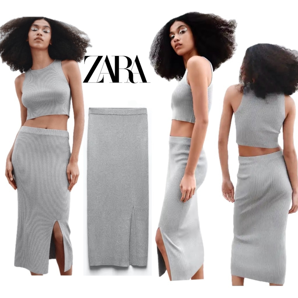 Zara metallic silver thread gray knit midi pencil skirt side slit Sz L NWOT￼